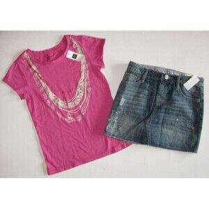 NEW Gap kids denim jean doodle skirt pink short sleeve necklace top t-shirt 8 M
